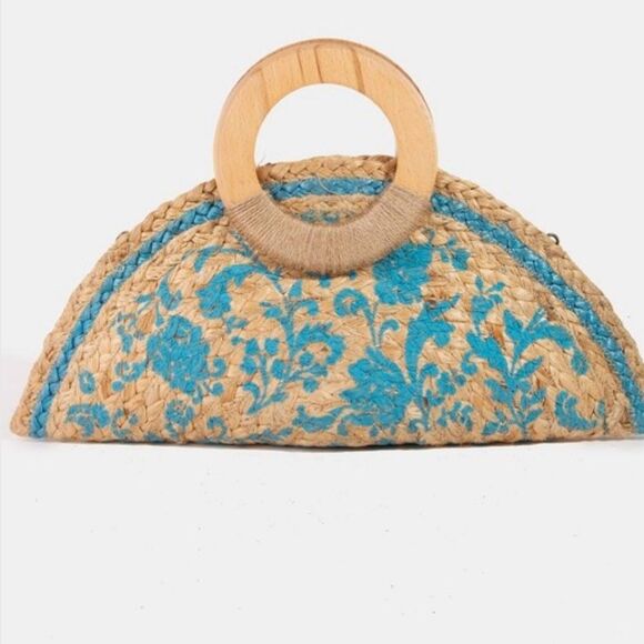 Antik Kraft Clutch Jute & Wood Handle Bag Floral Print Summer Beach Vibes - Picture 2 of 6